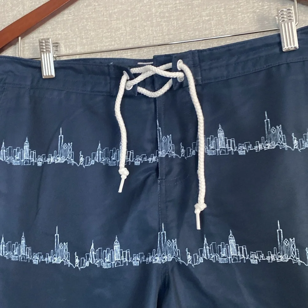 NWOT Original Penguin Blue Swim Trunks with Skyline Pattern